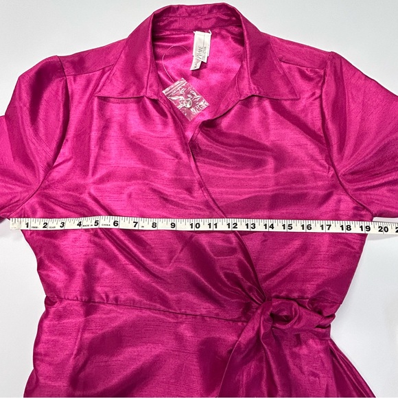 Womens Long Sleeve Wrap Top Size L Tie Bow Satin Metallic Pink Formal Elegant - Picture 7 of 12